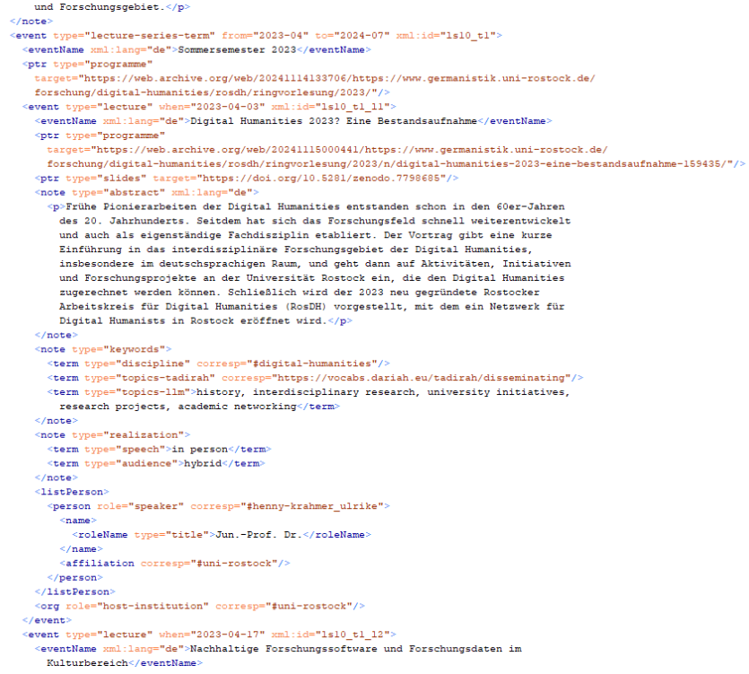 XML excerpt showing an encoded lecture from the summer semester 2023