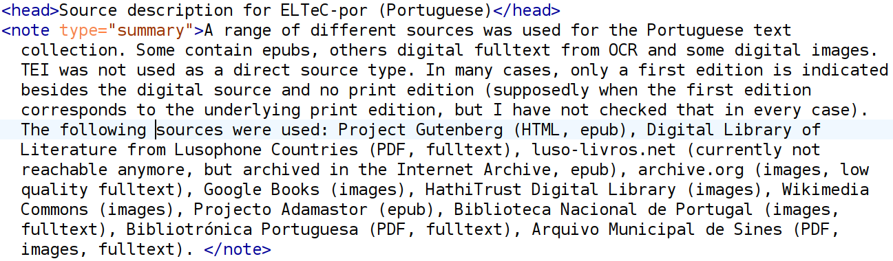 Beispiel Zusammenfassung für Quellen eines Teilkorpus